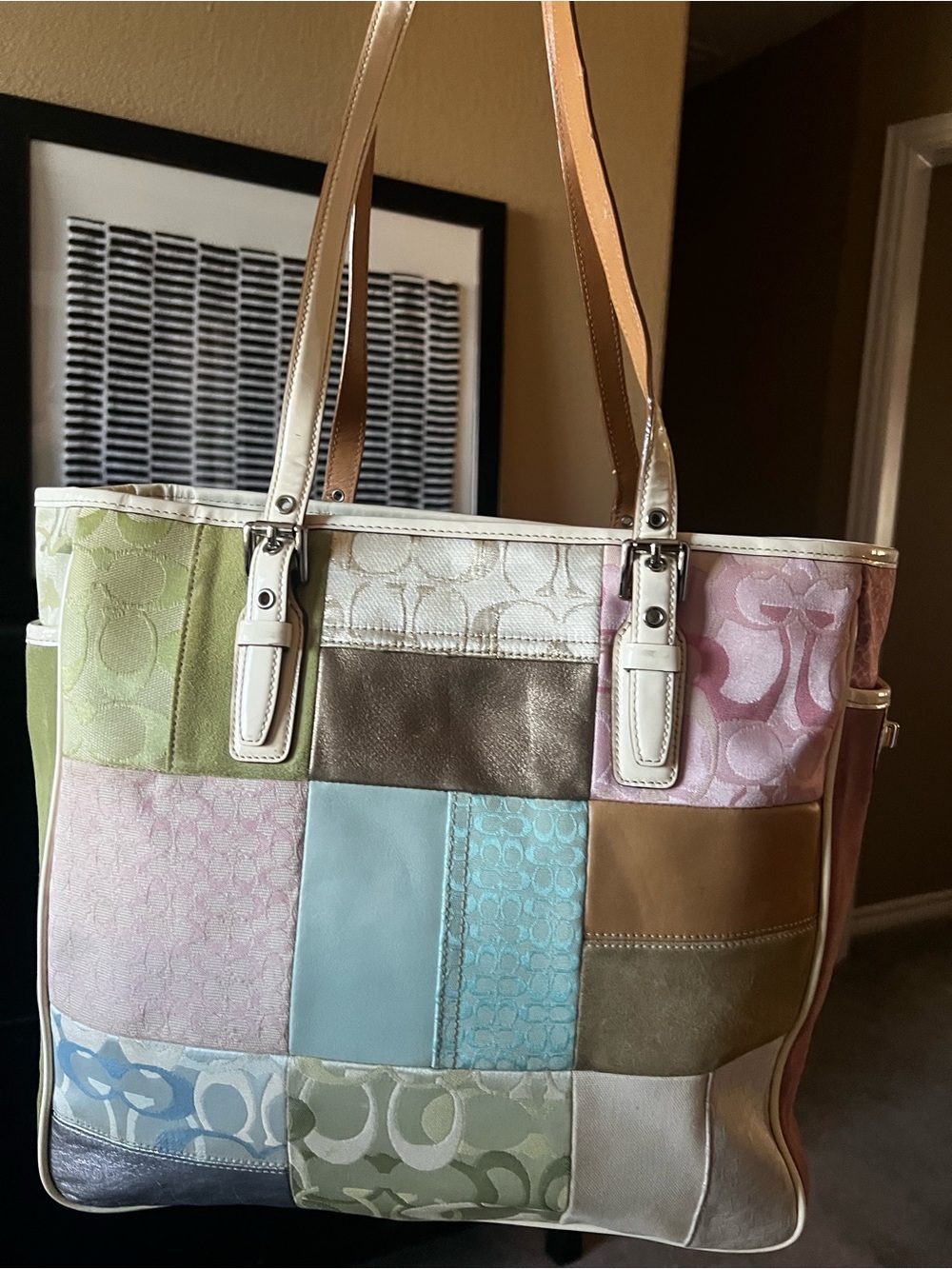 Coach Patchwork Shoulder Tote - Pastel Pink, Blue, Green, Cream, Tan
